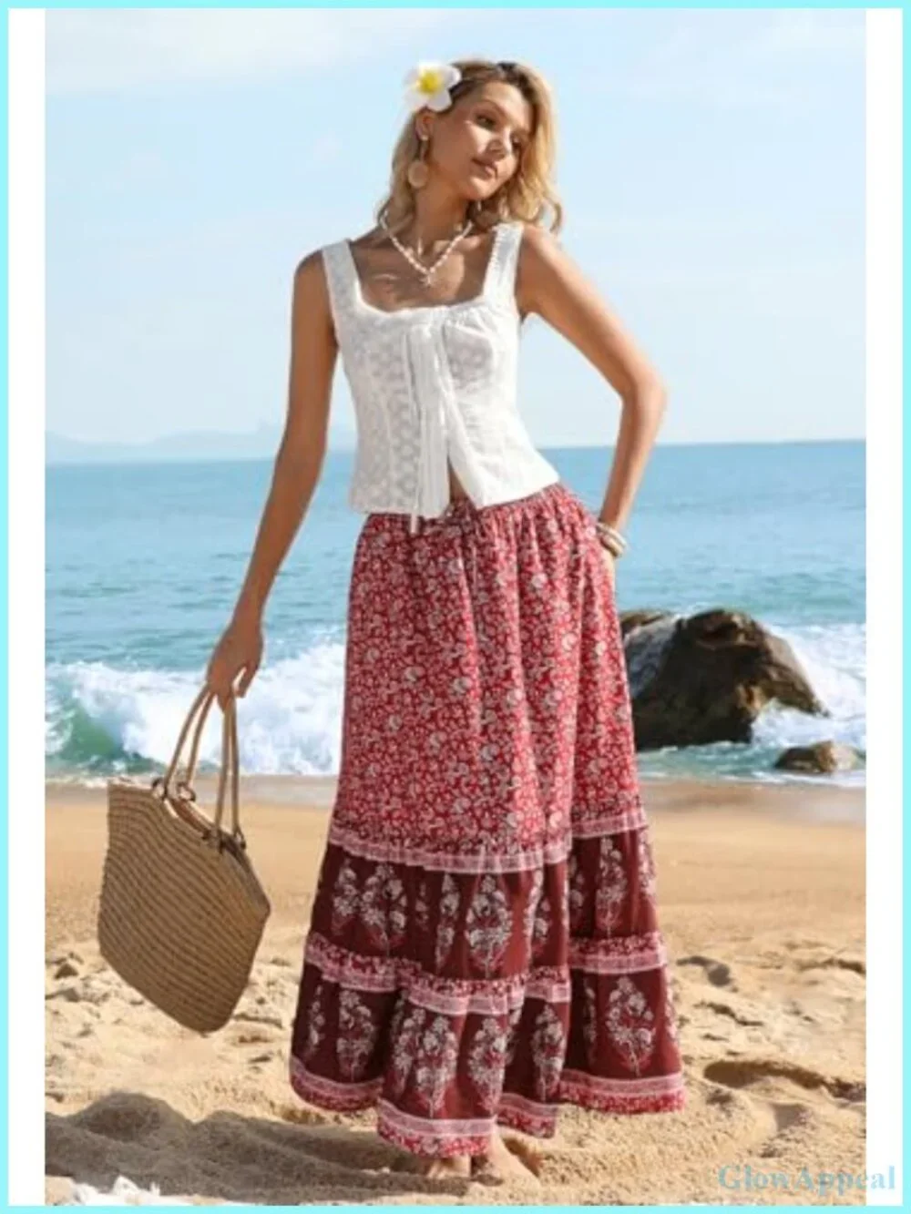 Floral Tiered Maxi Skirt with Pockets, A-Line High Rise, Summer Beach Vacation